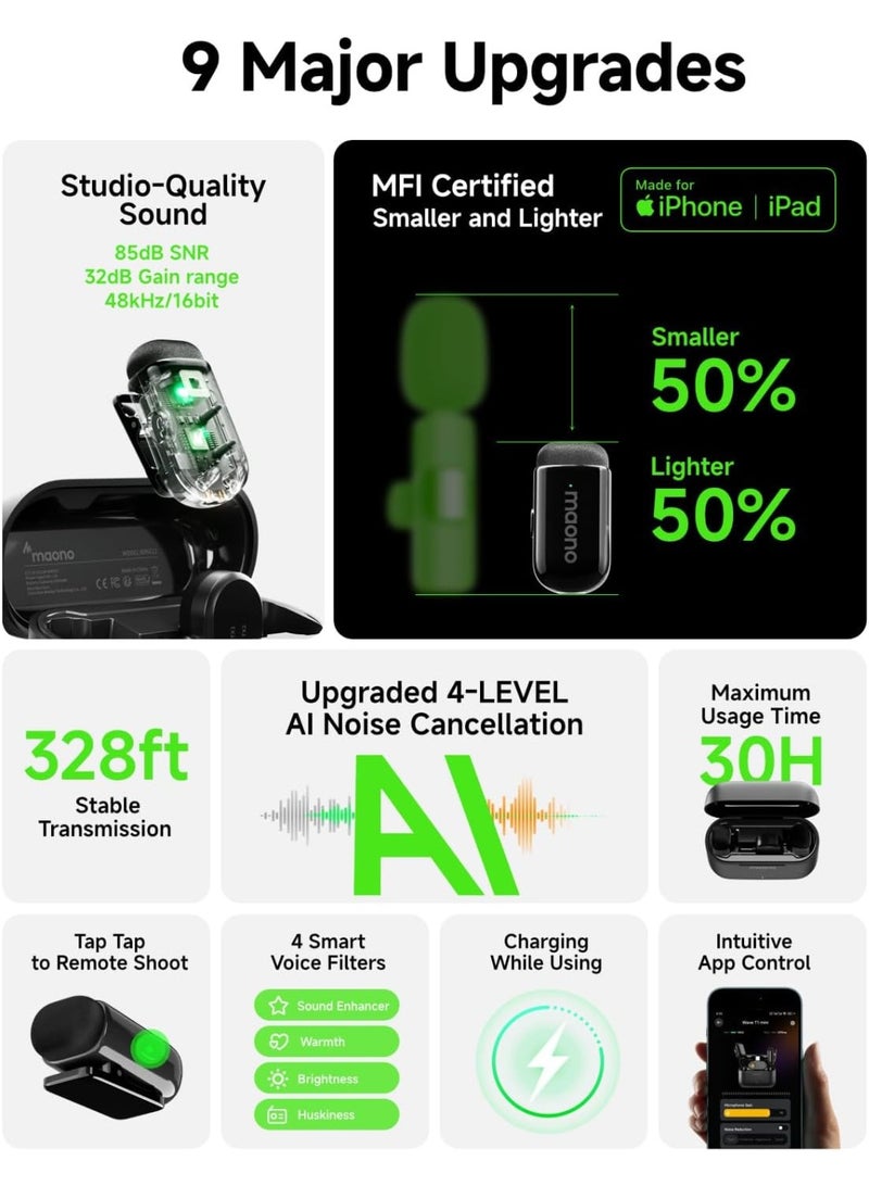 ماونو ميكروفون MAONO Wave T1 اللاسلكي الصغير، مناسب لأجهزة iPhone 16 و15 وأجهزة Android اللوحية، مزود بمنفذ USB-C، وخاصية إلغاء الضوضاء، وفلتر صوت بتقنية الذكاء الاصطناعي، وعمر بطارية يصل إلى 30 ساعة عند الاستخدام مع الملحقات لتسجيل الفيديو على TikTok وYouTube. - Image 3